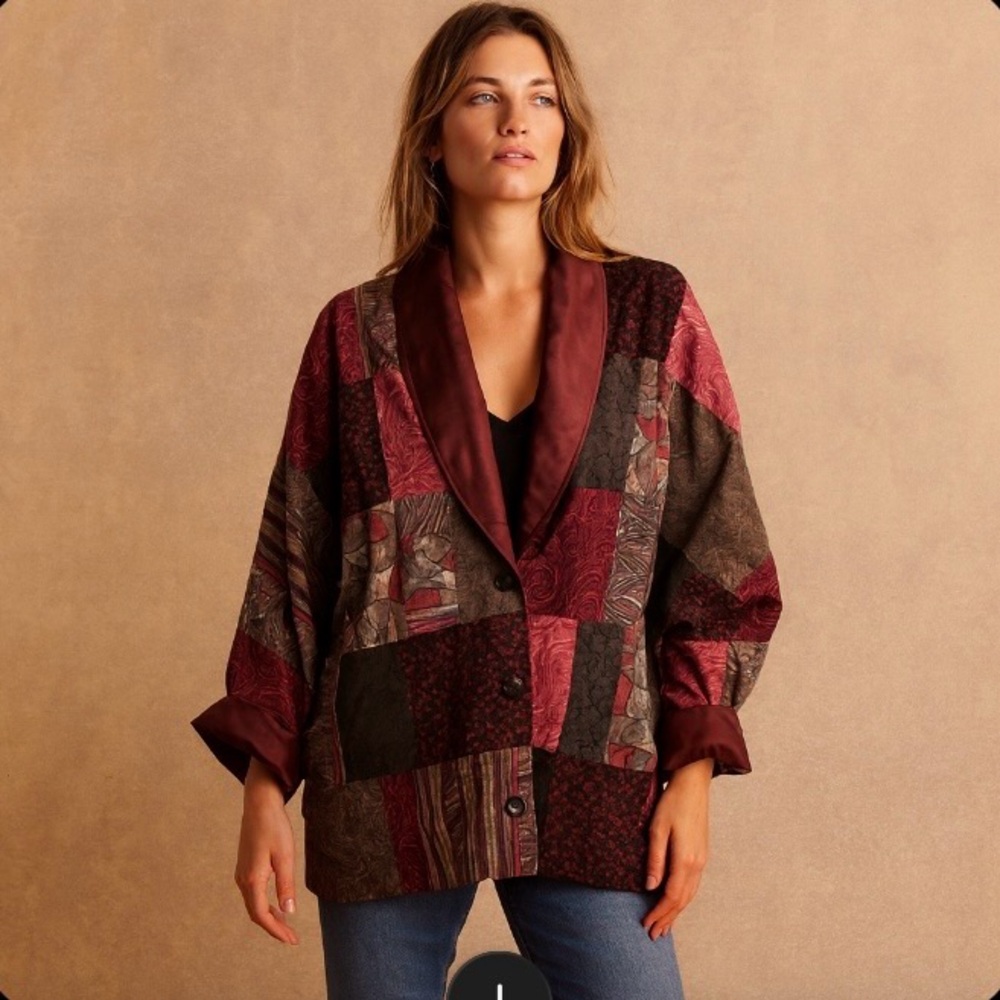 Boutique Style Patchwork Jacket Button Closure Shawl Collar Lined - Unbranded